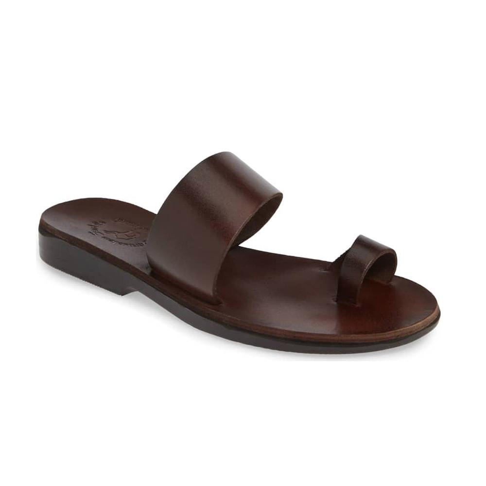 Abra brown, handmade leather slide sandals with toe loop - Front View