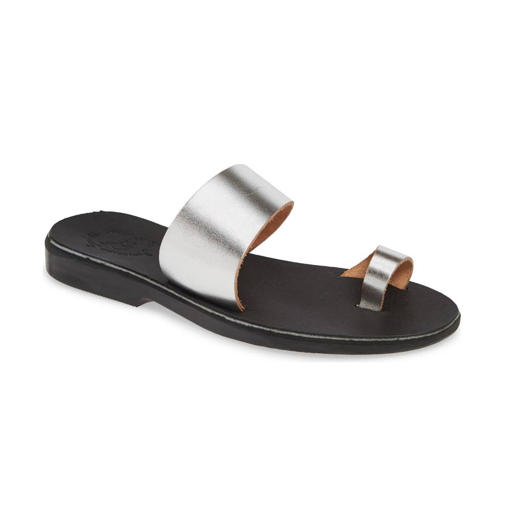 Abra silver, handmade leather slide sandals with toe loop - Front View