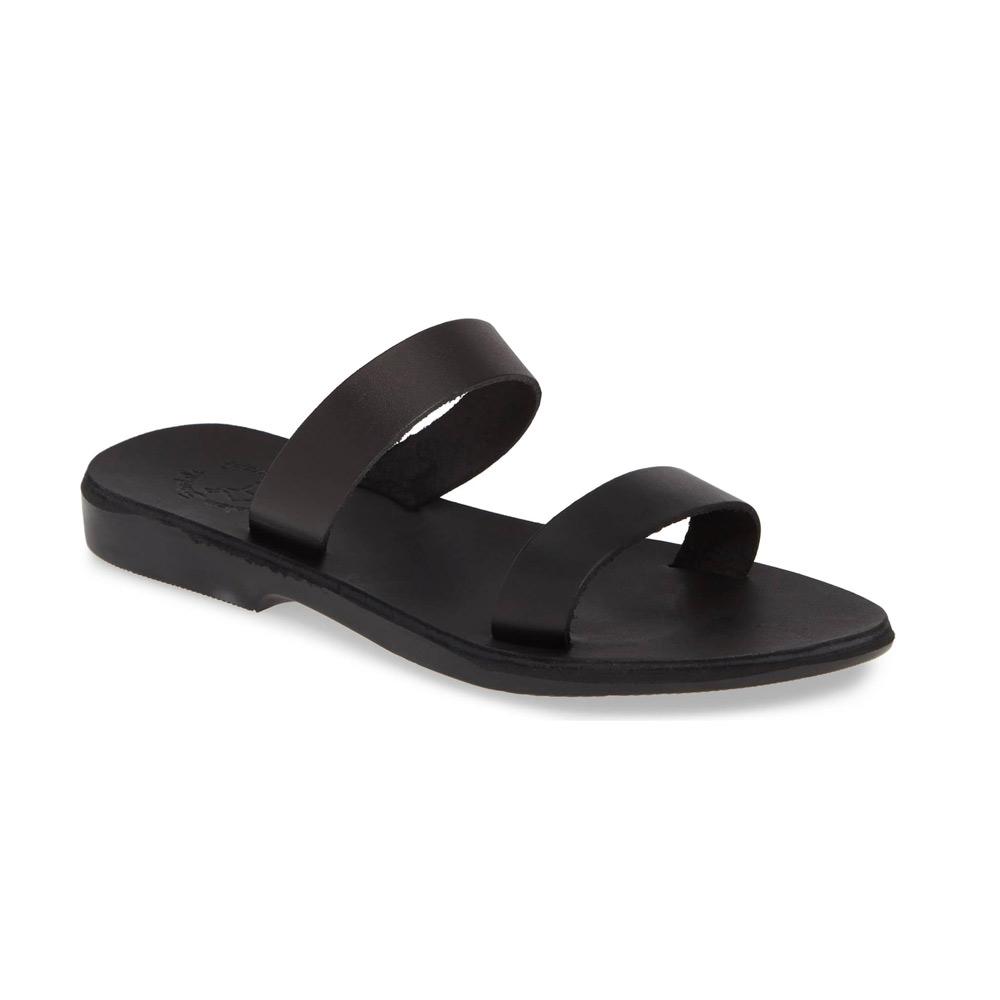 Ada black, handmade leather slide sandals - Front View