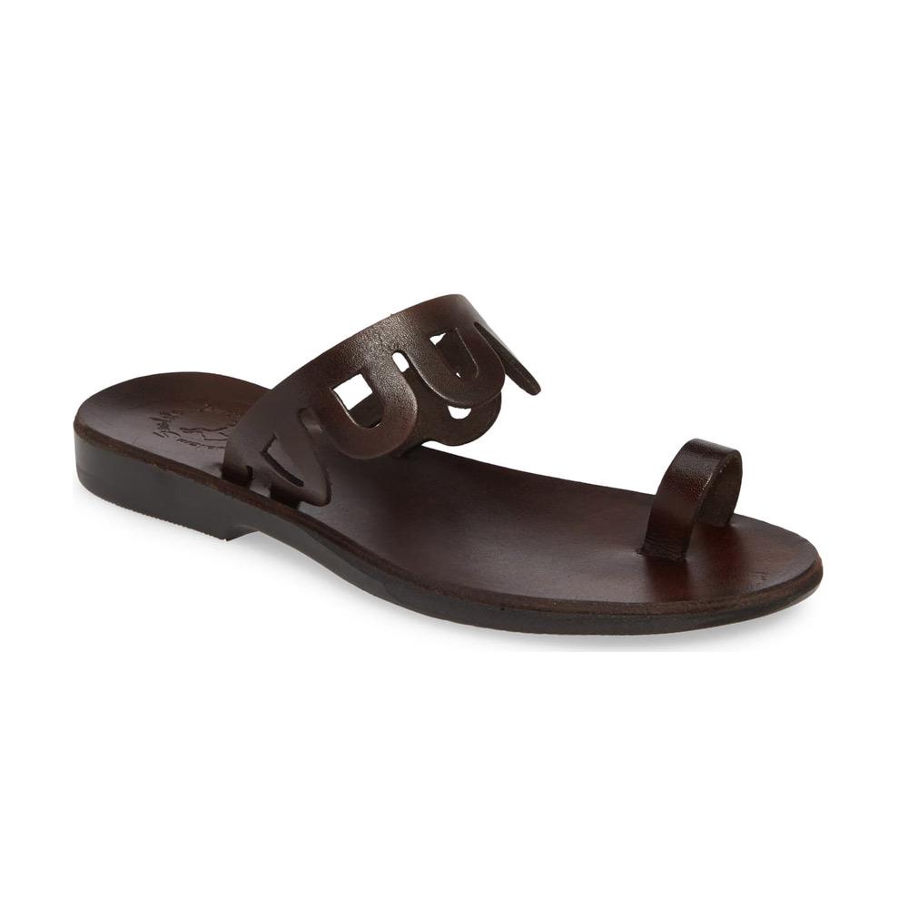 Aja brown, handmade leather slide sandals with toe loop - Front View