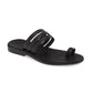 Angela black, handmade leather slide sandals with toe loop - Front View