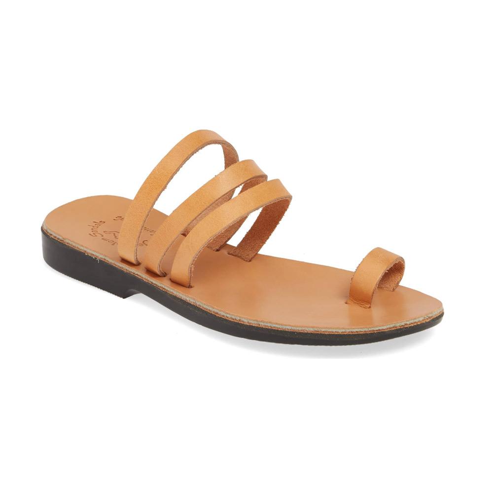 Angela tan, handmade leather slide sandals with toe loop - Front View