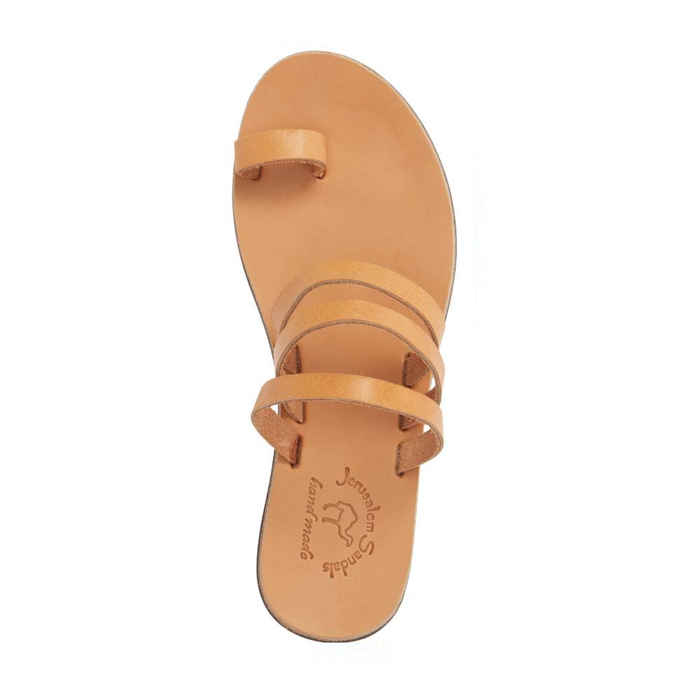Angela tan, handmade leather slide sandals with toe loop - Side View