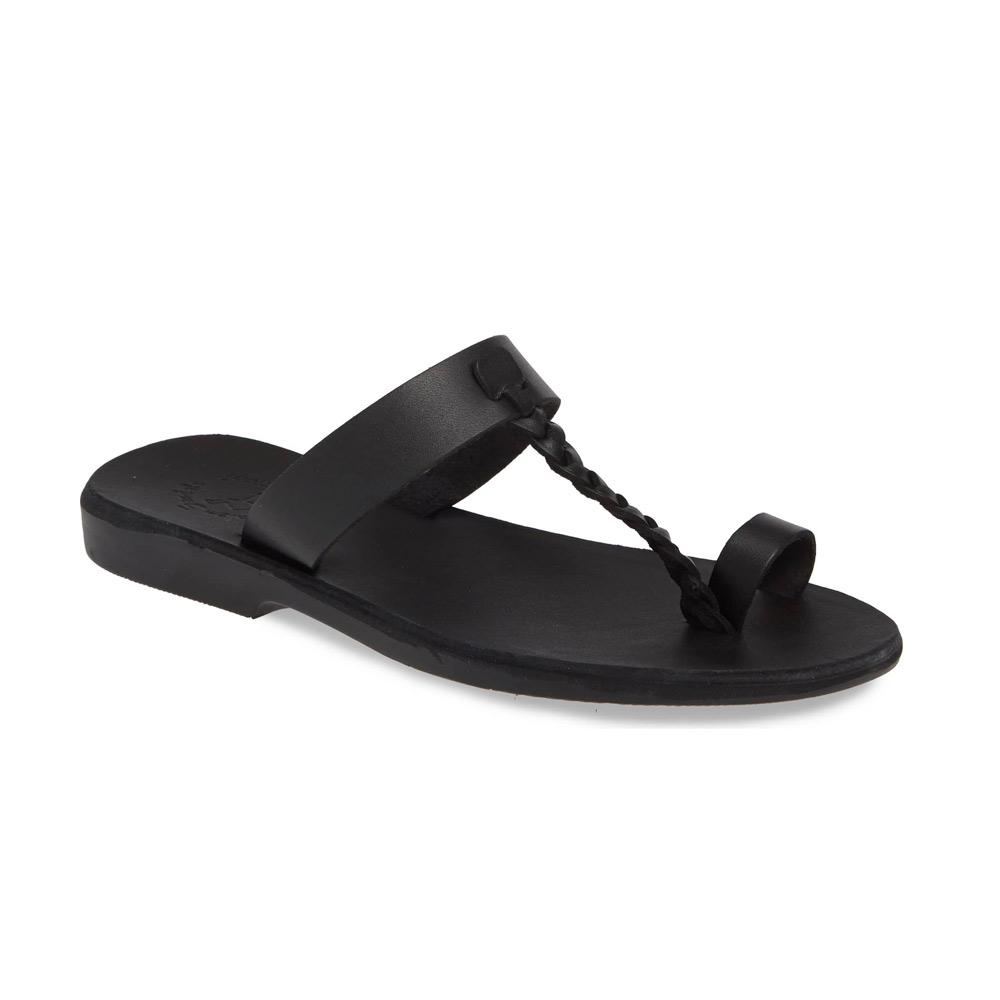 Ara black, handmade leather slide sandals with toe loop - Front View