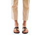 Model wearing Ara brown, handmade leather slide sandals with toe loop 