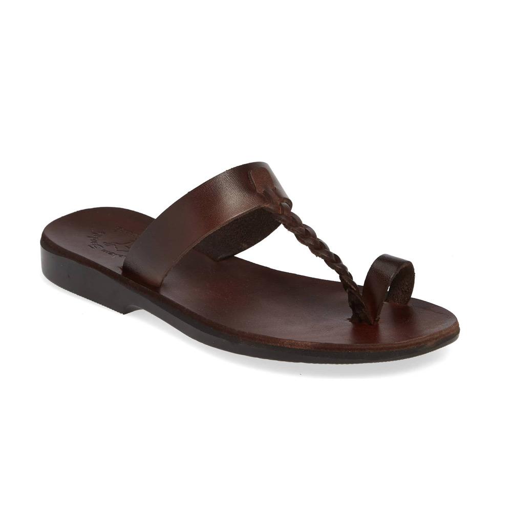 Ara brown, handmade leather slide sandals with toe loop - Front View