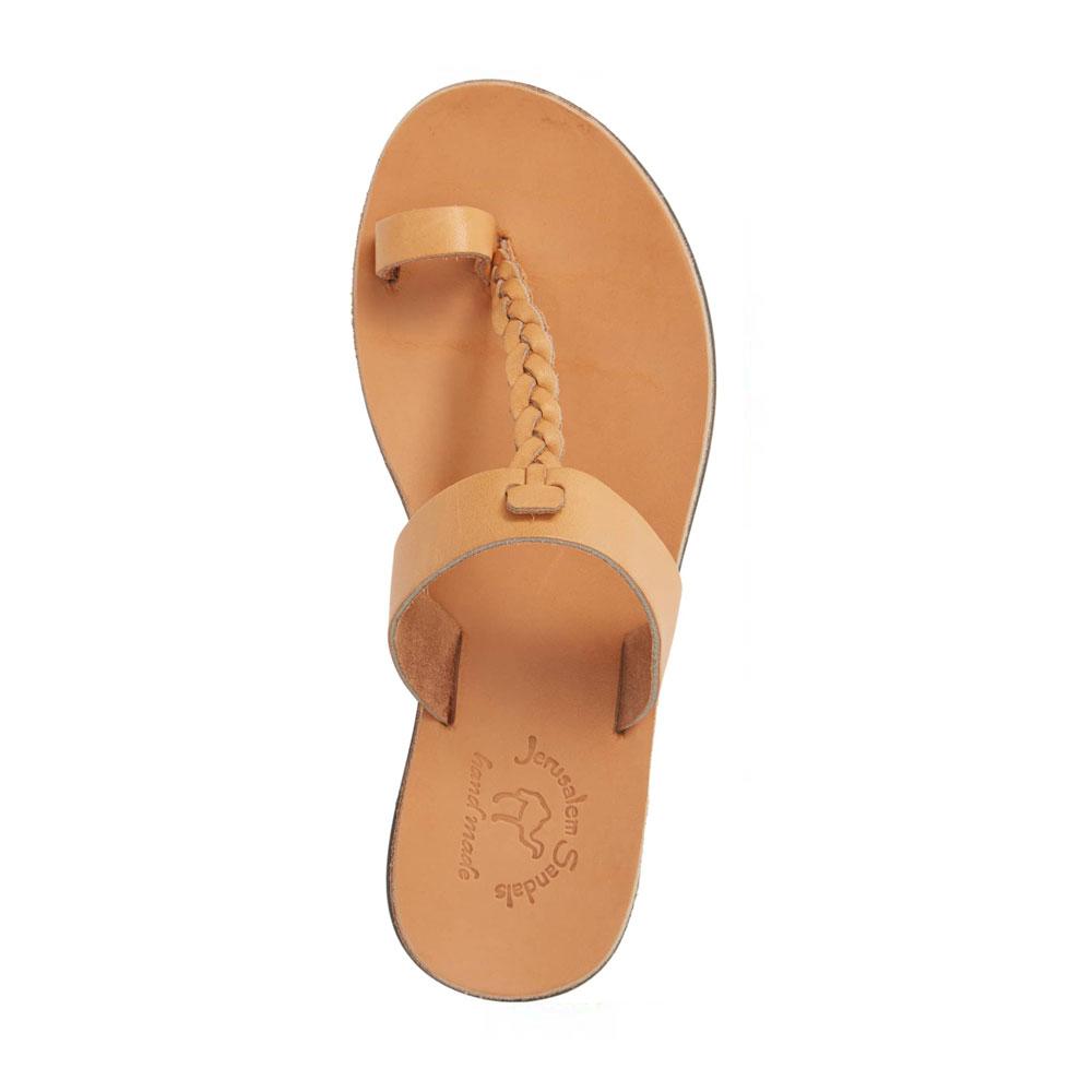 Ara tan, handmade leather slide sandals with toe loop - Side View