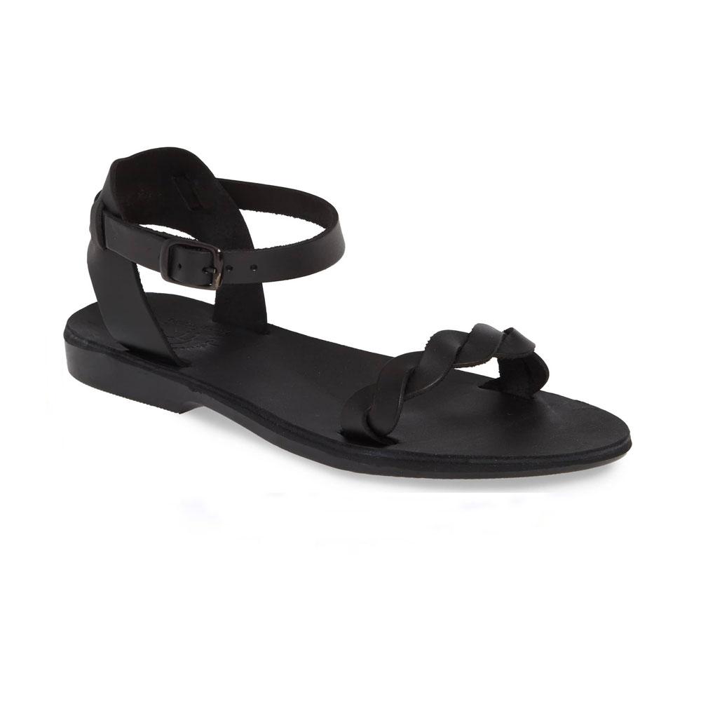 Arden black, handmade leather sandals with back strap  - Front View