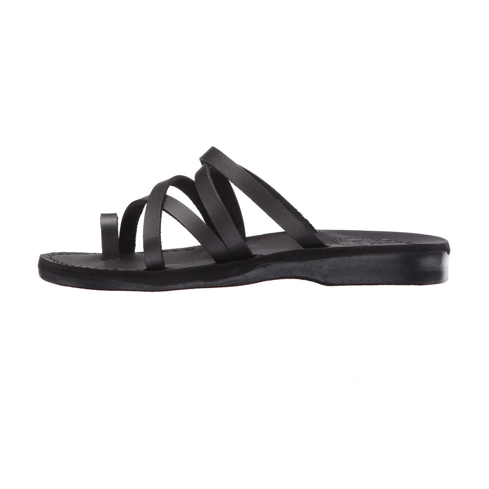 Ariel black, handmade leather slide sandals with toe loop - left View