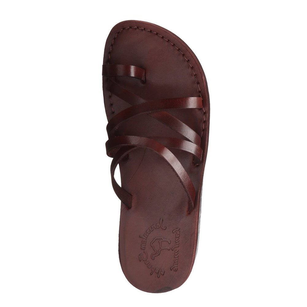 Ariel brown, handmade leather slide sandals with toe loop - up View
