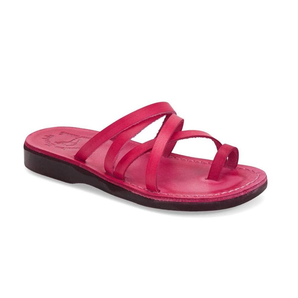 Ariel pink, handmade leather slide sandals with toe loop - Front View