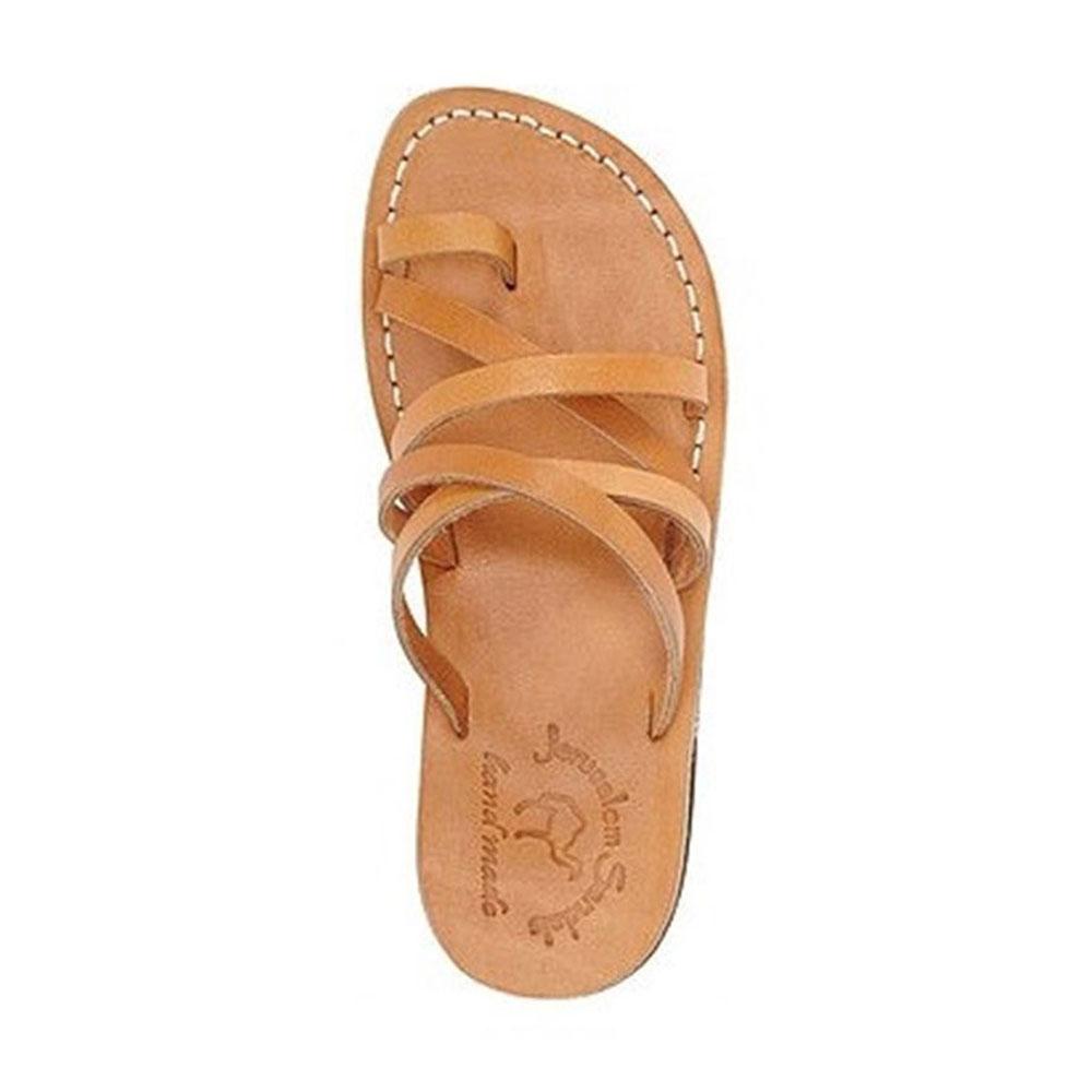 Ariel tan, handmade leather slide sandals with toe loop - Side View