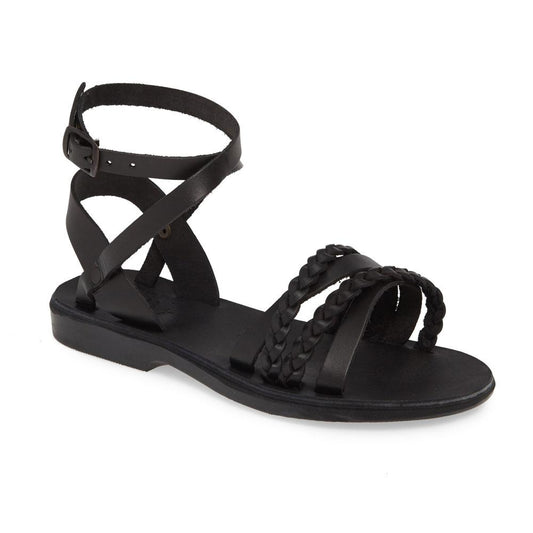 Asa black, handmade leather sandals with back strap  - Front View
