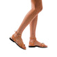 Model wearing Asa tan, handmade leather sandals with back strap 