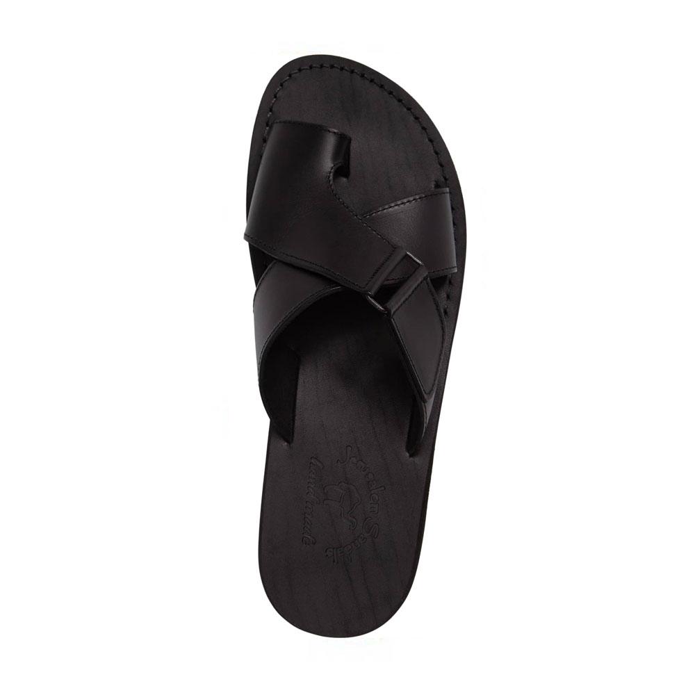 Asher Black, handmade leather slide sandals with toe loop - Side View