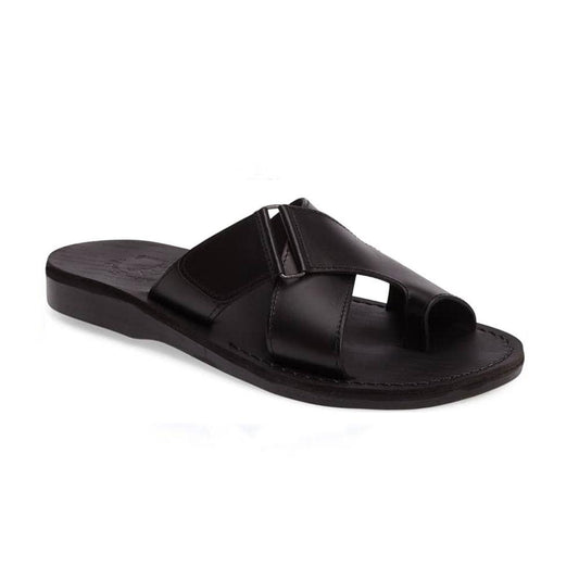 Asher Black, handmade leather slide sandals with toe loop - Front View