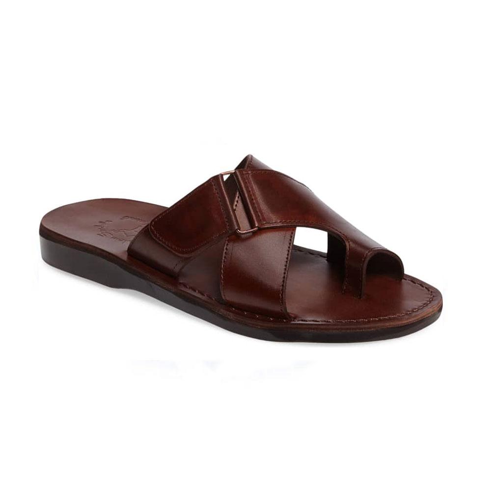 Asher Brown, handmade leather slide sandals with toe loop - Front View
