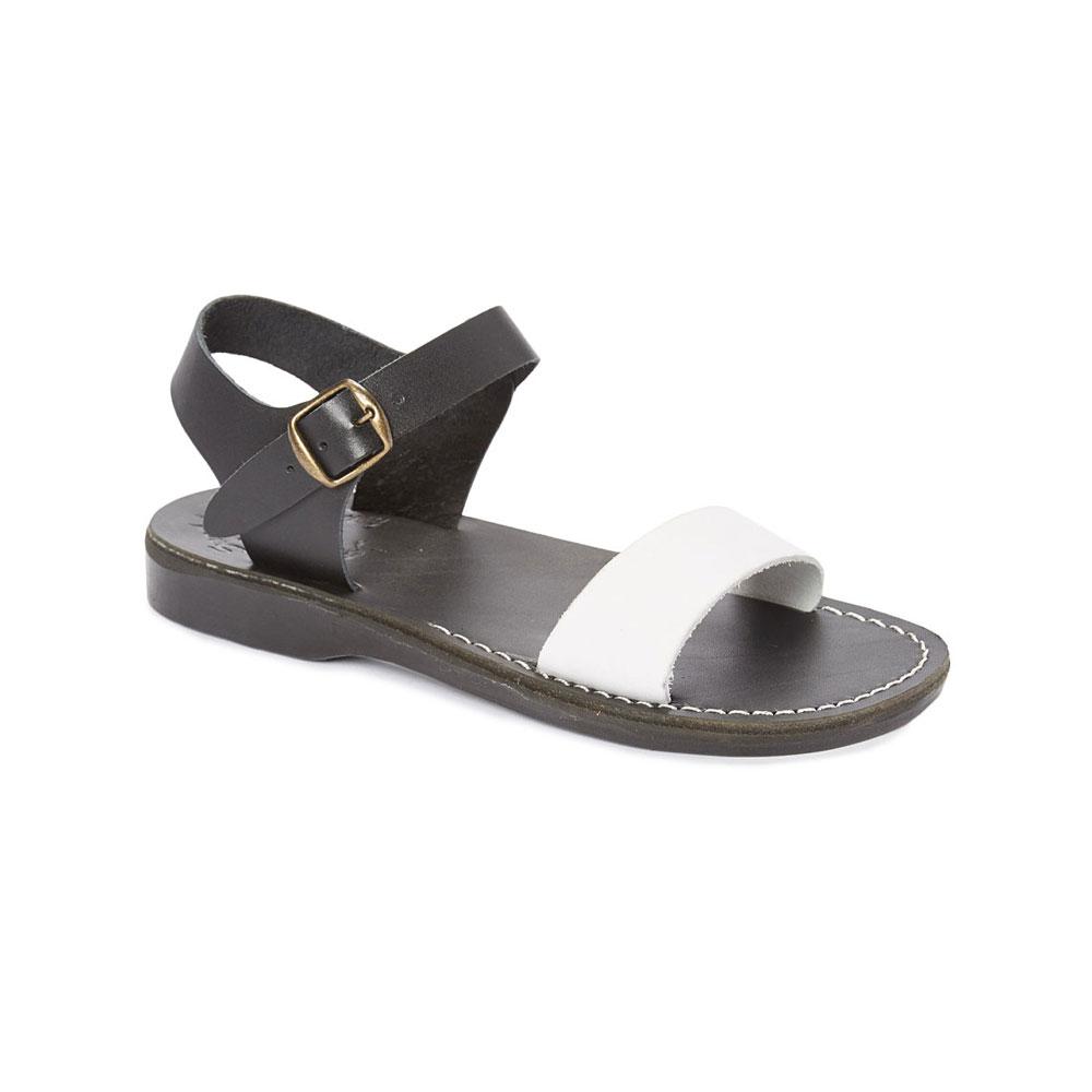 Atara black and white, handmade leather sandals with back strap - Front View