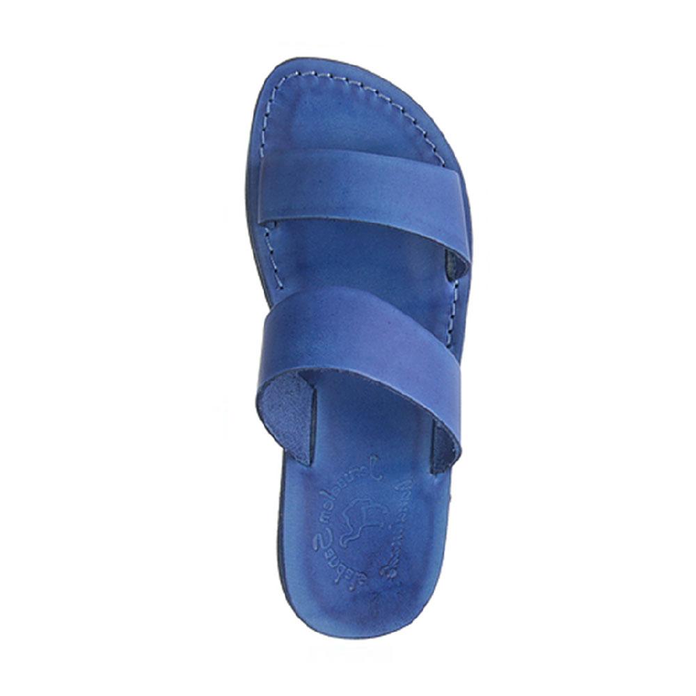 Aviv Blue, handmade leather slide sandals - Side View