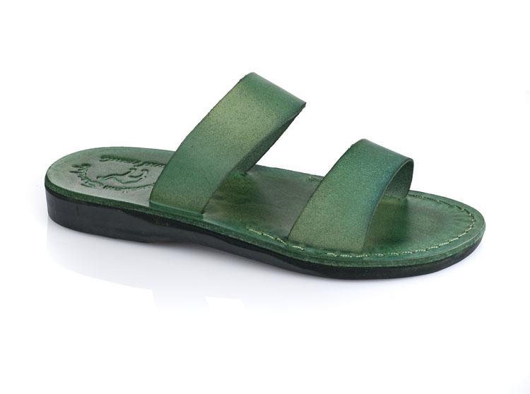 Aviv green, handmade leather slide sandals - Front View