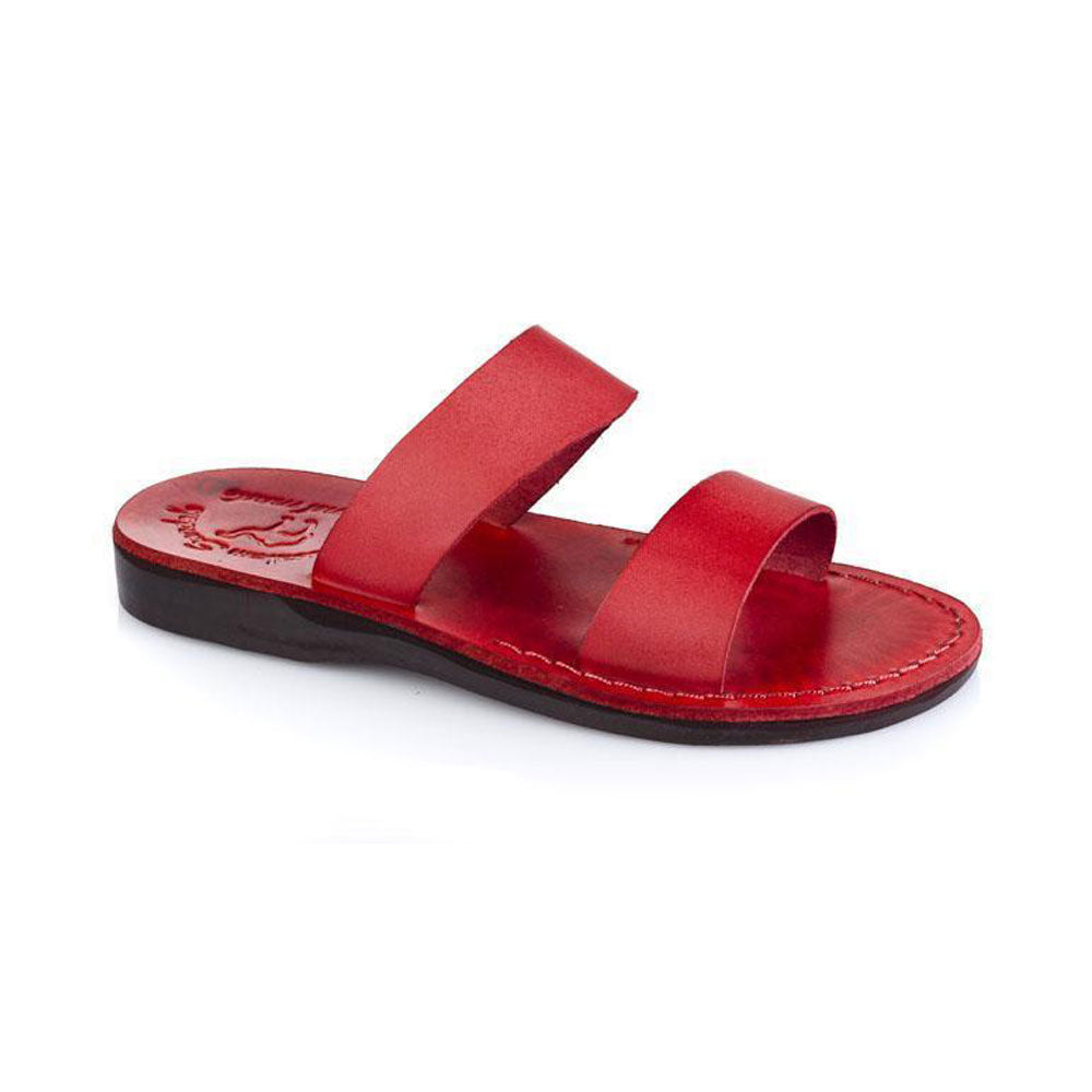 Aviv red, handmade leather slide sandals - Front View