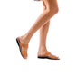 Model wearing Aviv tan, handmade leather slide sandals 