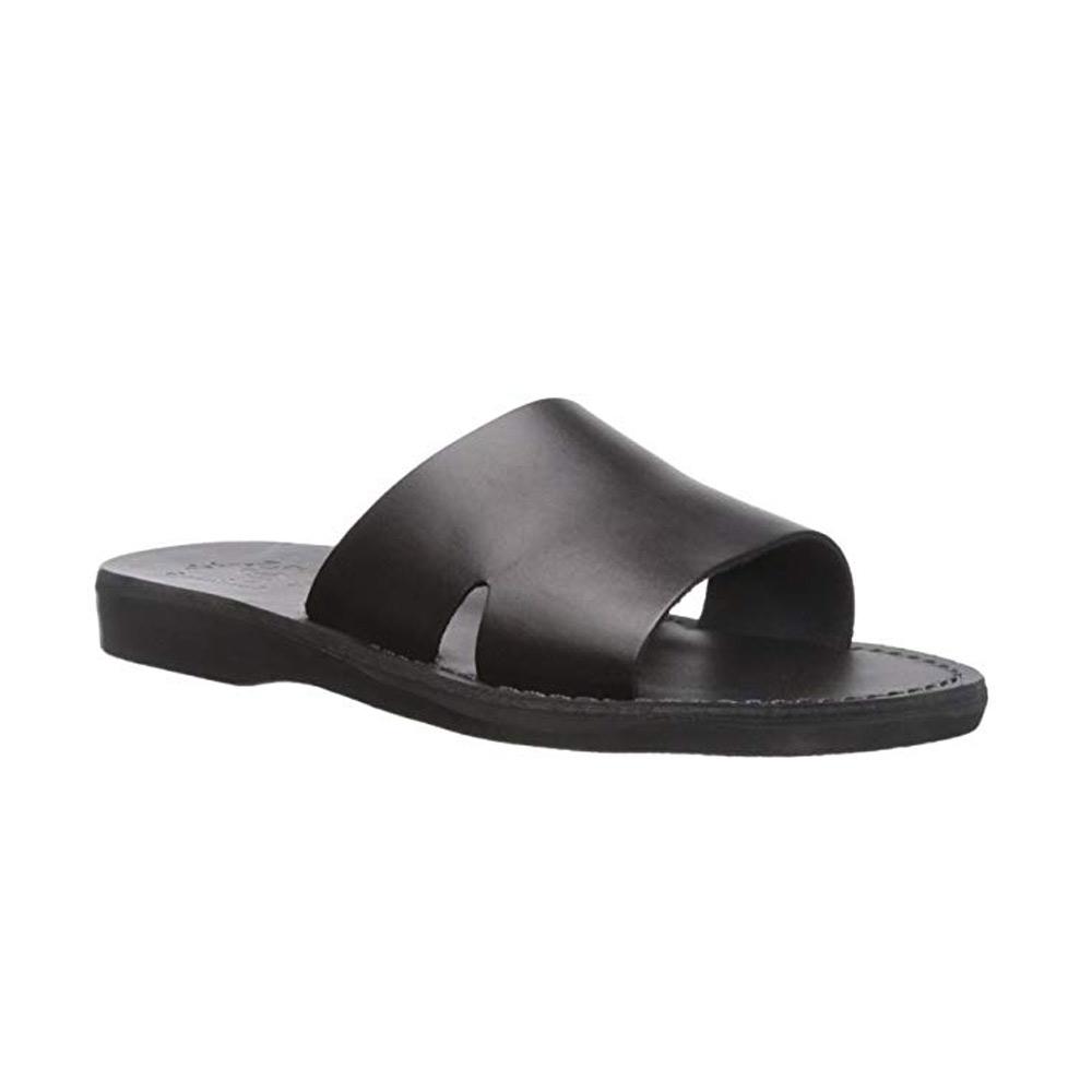 Bashan black, handmade leather slide sandals - Front View