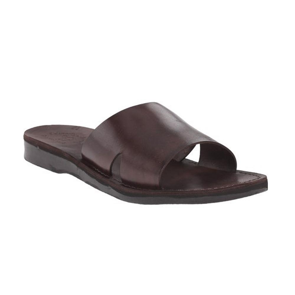 Bashan brown, handmade leather slide sandals - Front View