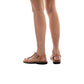 Model wearing Bathsheba tan, handmade leather sandals with back strap 