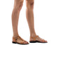 Model wearing Bathsheba tan, handmade leather sandals with back strap 