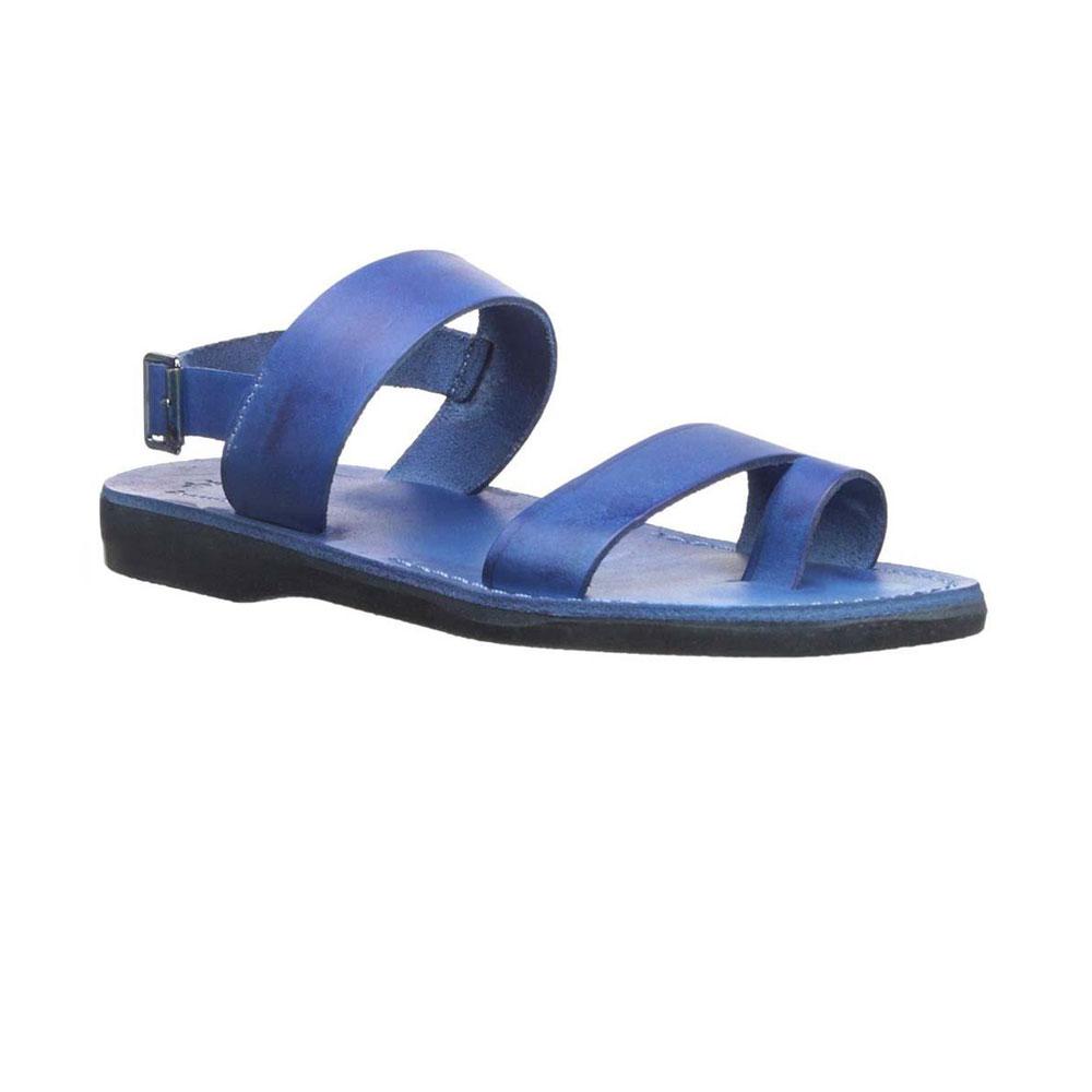 Carmel Blue handmade leather sandals with back strap and toe loop-Side View