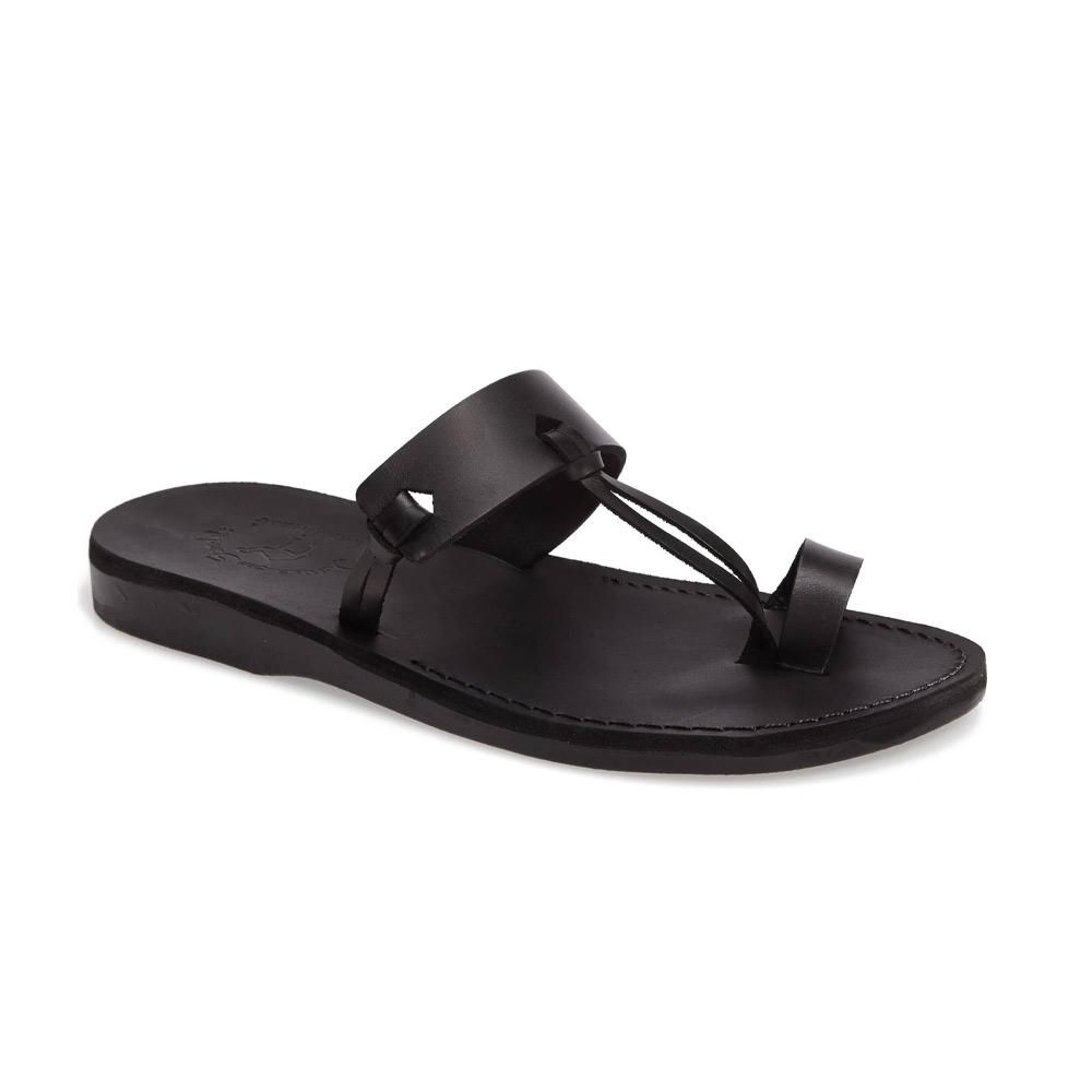 David black, handmade leather slide sandals with toe loop - Front View