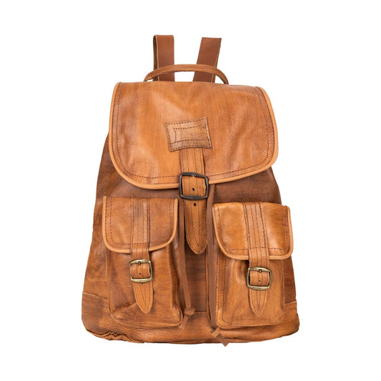 Front Pocket Backpack brown, handmade leather bag - Front View
