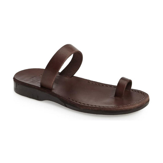 Eden brown, handmade leather slide sandals with toe loop - Front View