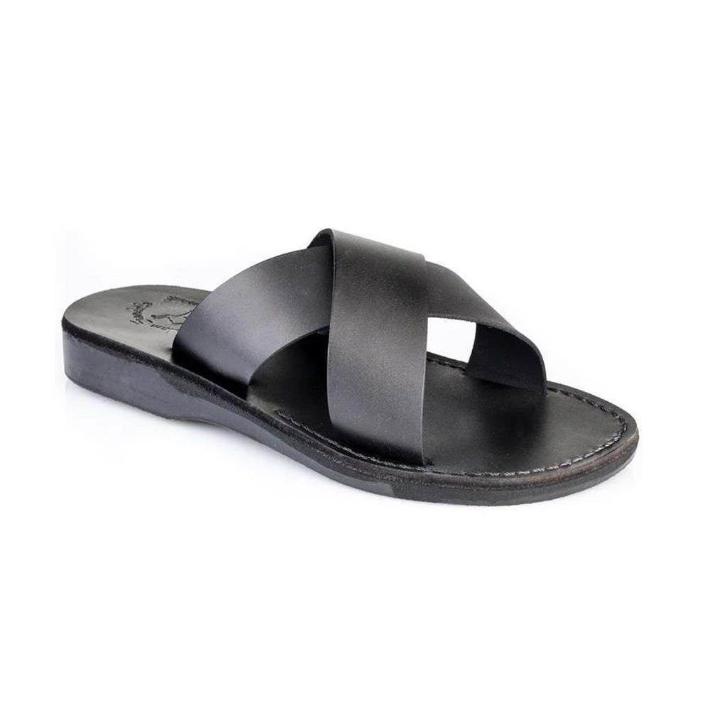 Elan black, handmade leather slide sandals - Front View