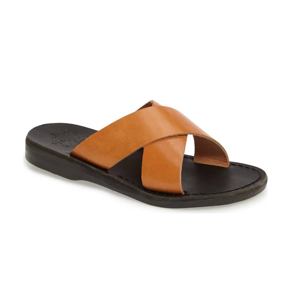 Elan black tan, handmade leather slide sandals - Front View