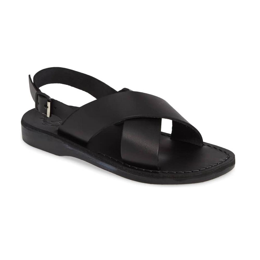 Elan Buckle black, handmade leather sandals with back strap  - Front View
