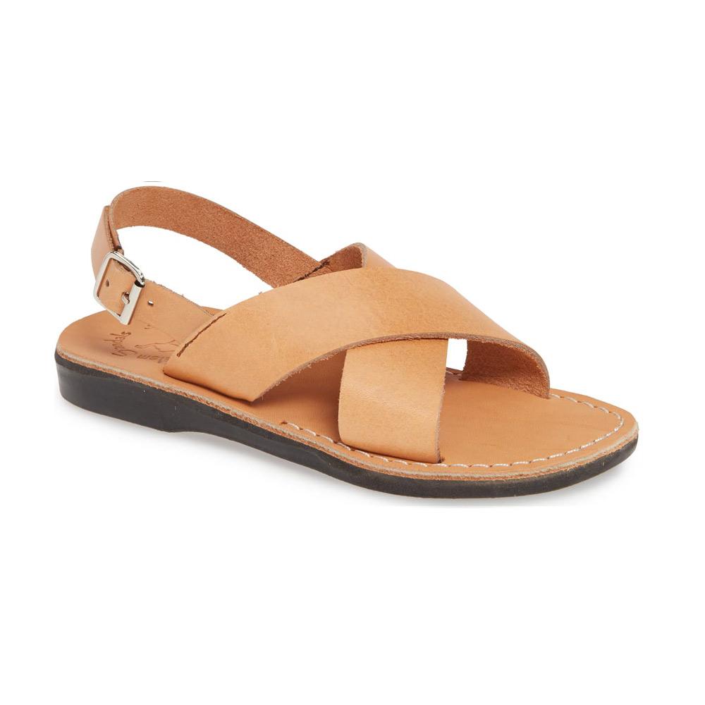 Elan Buckle tan, handmade leather sandals with back strap - Front View