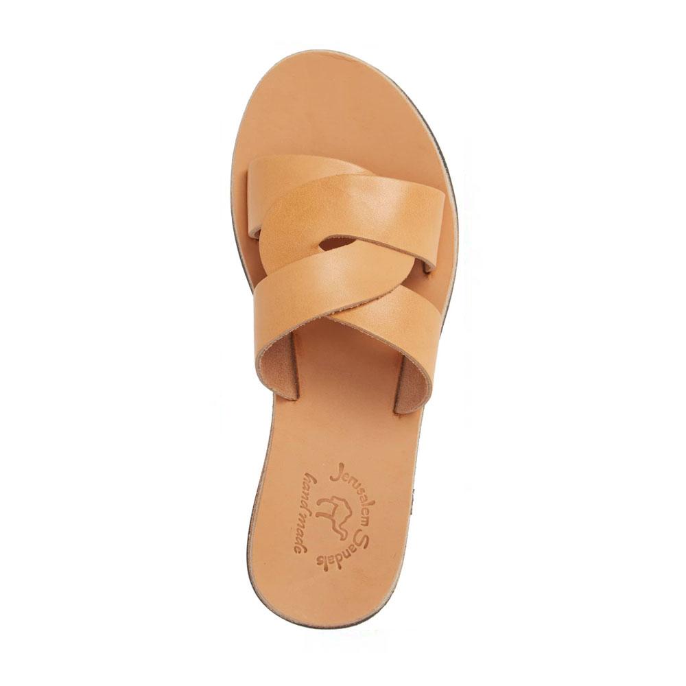 Emily tan, handmade leather slide sandals - Side View