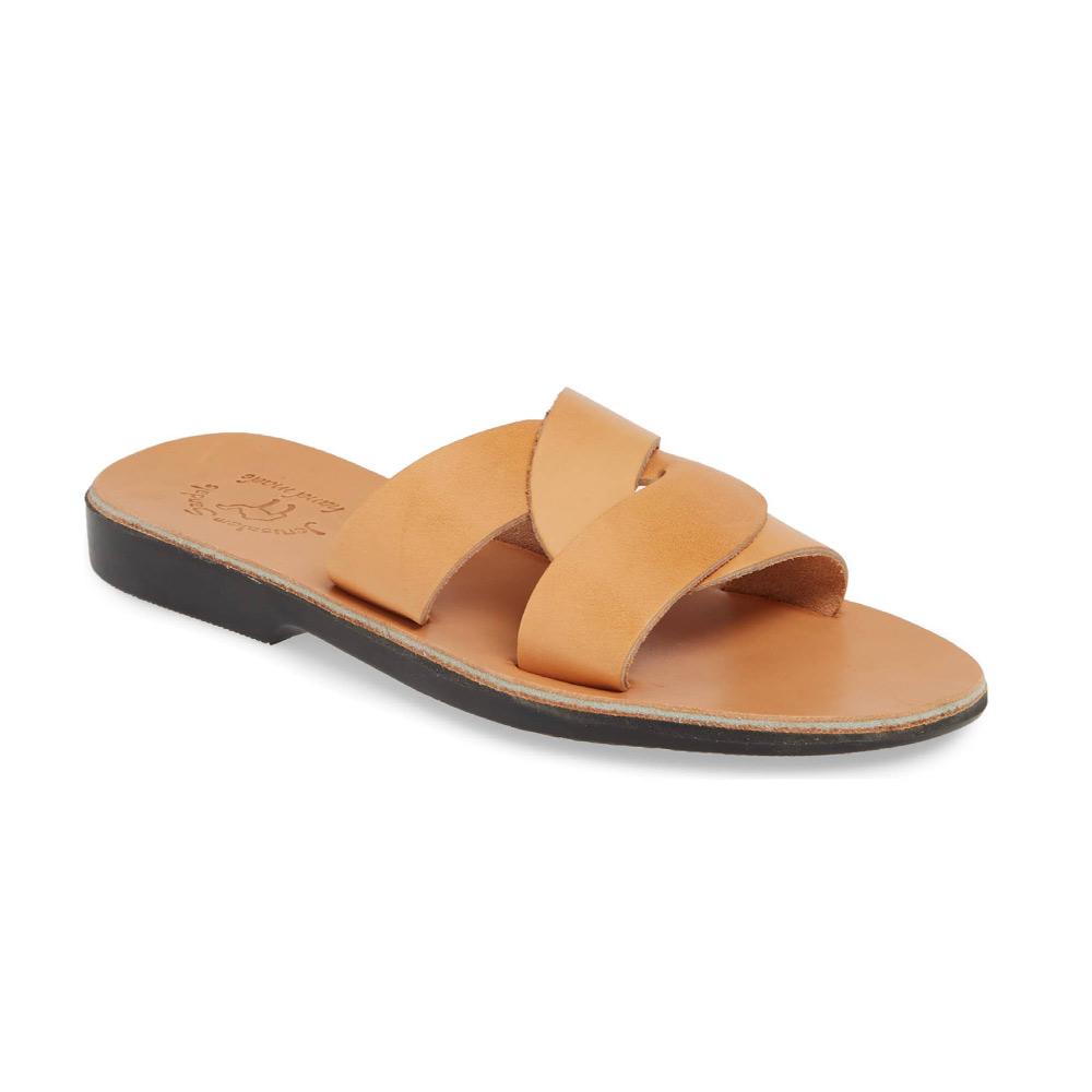 Emily tan, handmade leather slide sandals - Front View