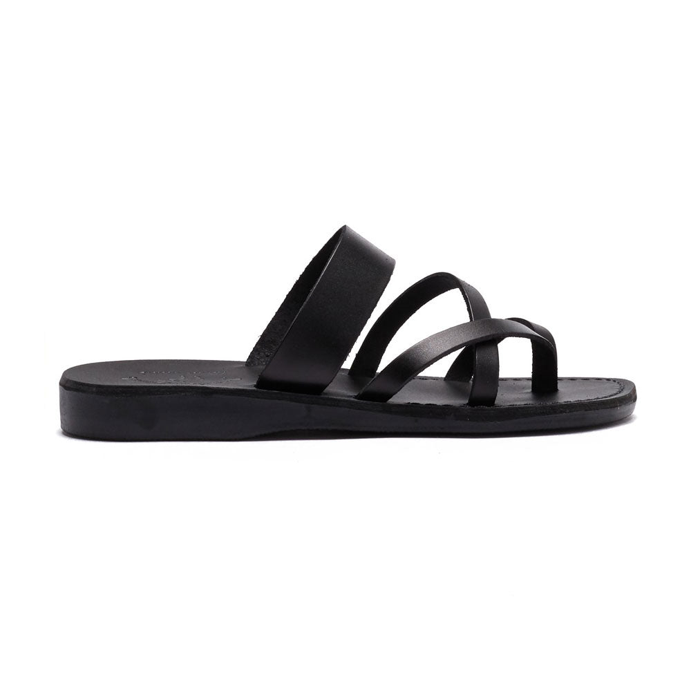 Exodus Black, handmade leather slide sandals with toe loop - Side View