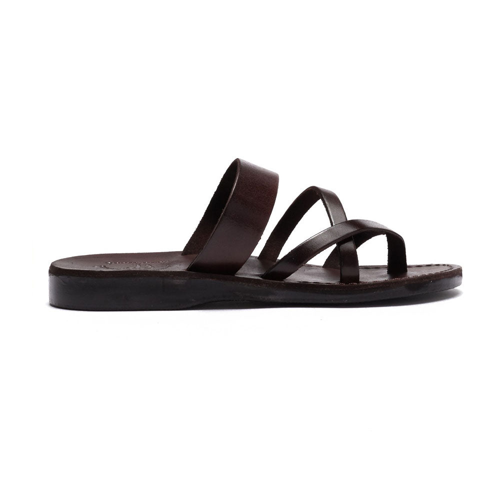 Exodus Brown, handmade leather slide sandals with toe loop - Side View