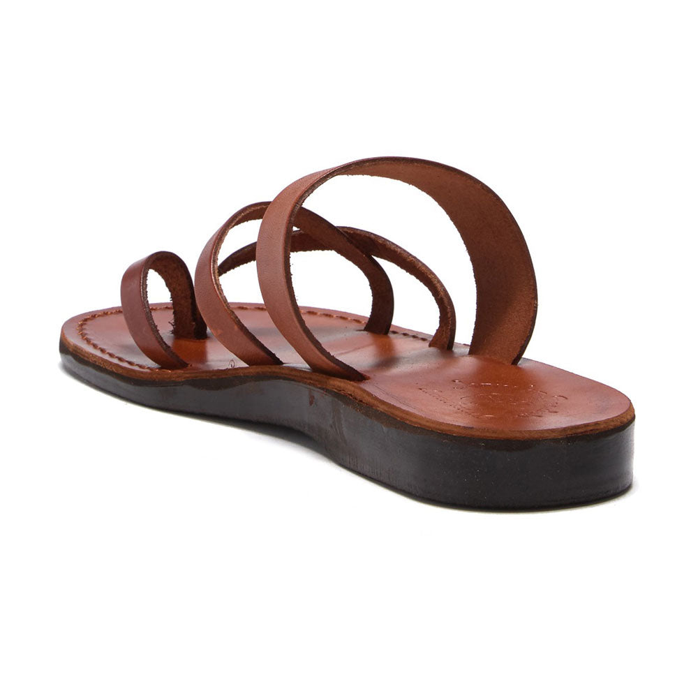 Exodus Honey, handmade leather slide sandals with toe loop - back View