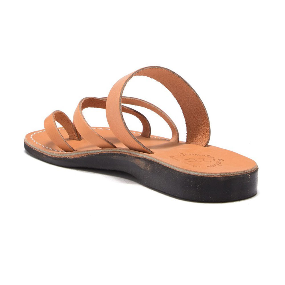 Exodus Tan, handmade leather slide sandals with toe loop - back View