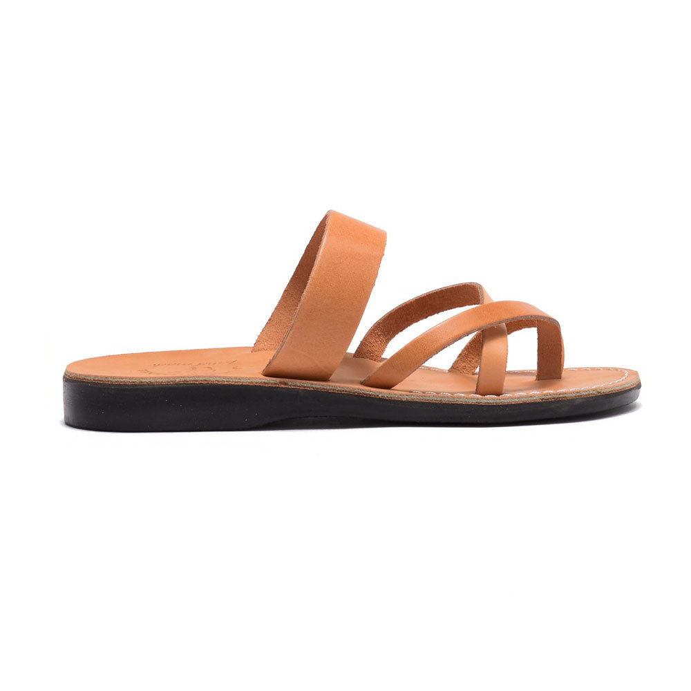 Exodus Tan, handmade leather slide sandals with toe loop - Side View