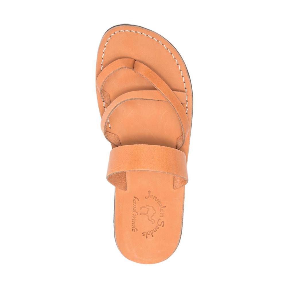 Exudes Tan, handmade leather slide sandals with toe loop - Side View
