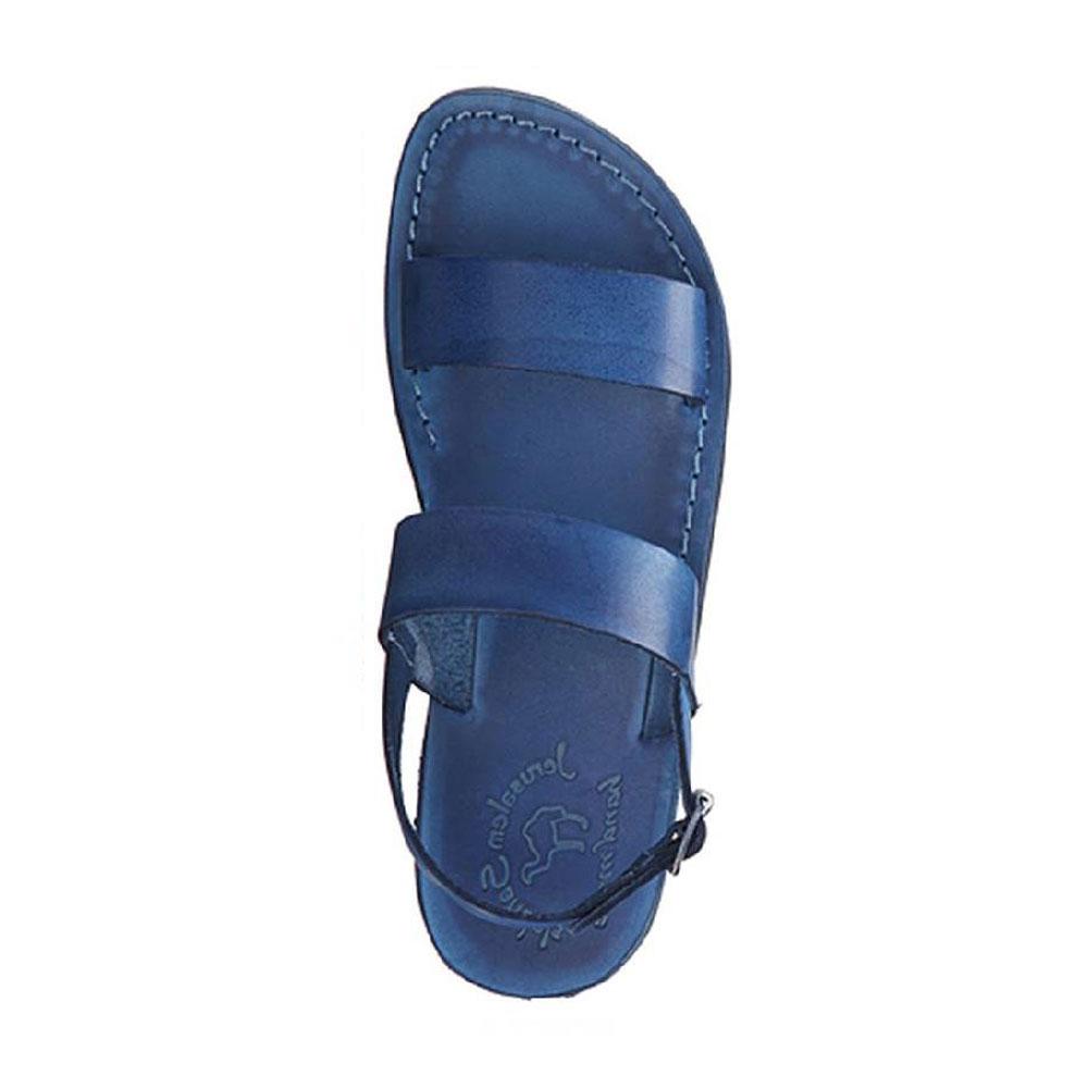 Golan blue, handmade leather sandals with back strap  - Side View
