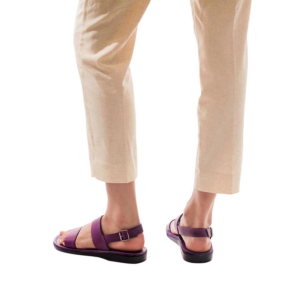 Model wearing Golan violet, handmade leather sandals with back strap 