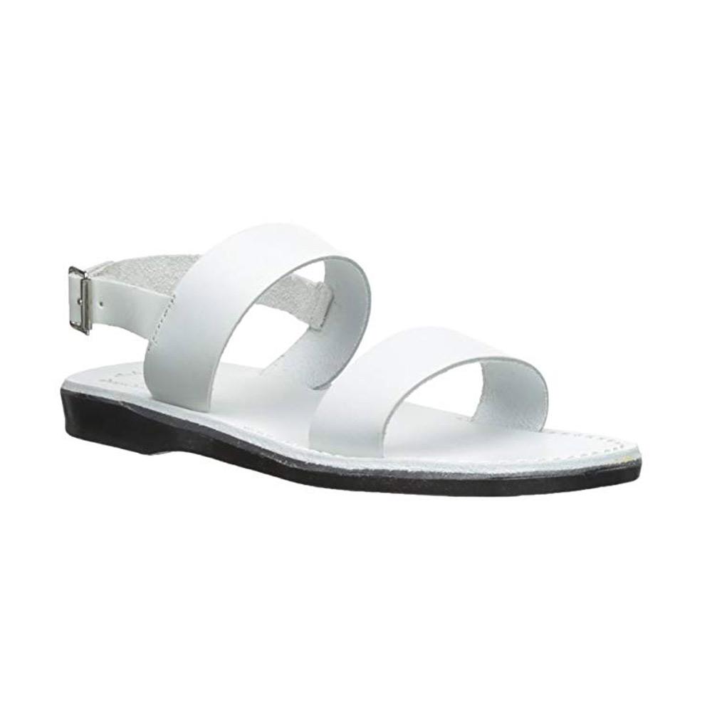 Golan white, handmade leather sandals with back strap  - Front View
