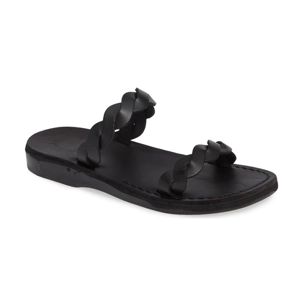 Joanna black, handmade leather slide sandals - Front View